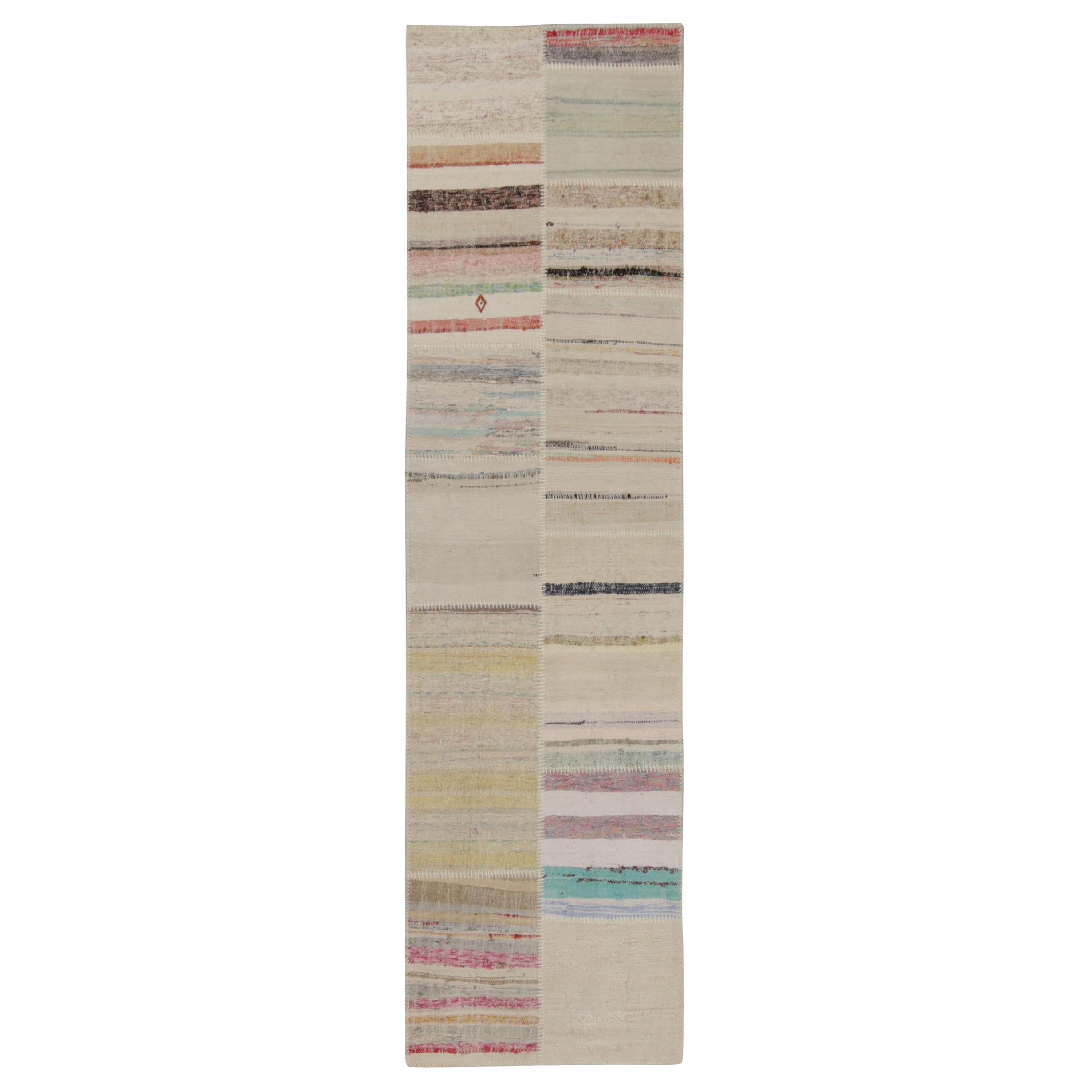 Rug & Kilim’s Patchwork Kilim Runner in Polychromatic Stripes For Sale