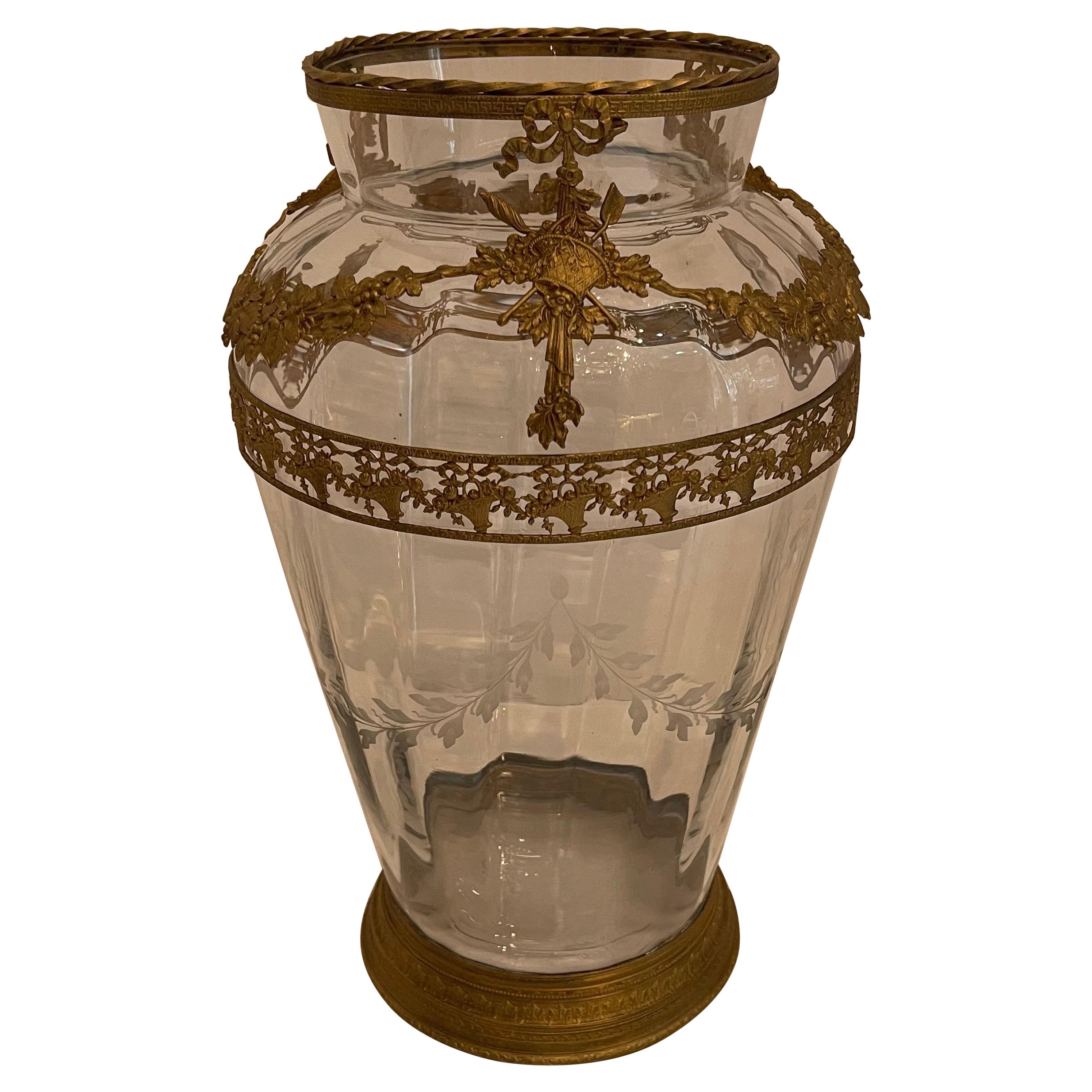 Wonderful French Gilt Bronze Ormolu Mounted Crystal Glass Large Vase Centerpiece