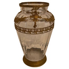 Wonderful French Gilt Bronze Ormolu Mounted Crystal Glass Large Vase Centerpiece