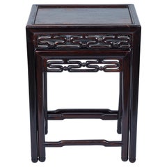 Vintage Wood Nesting Tables with Asian Motif