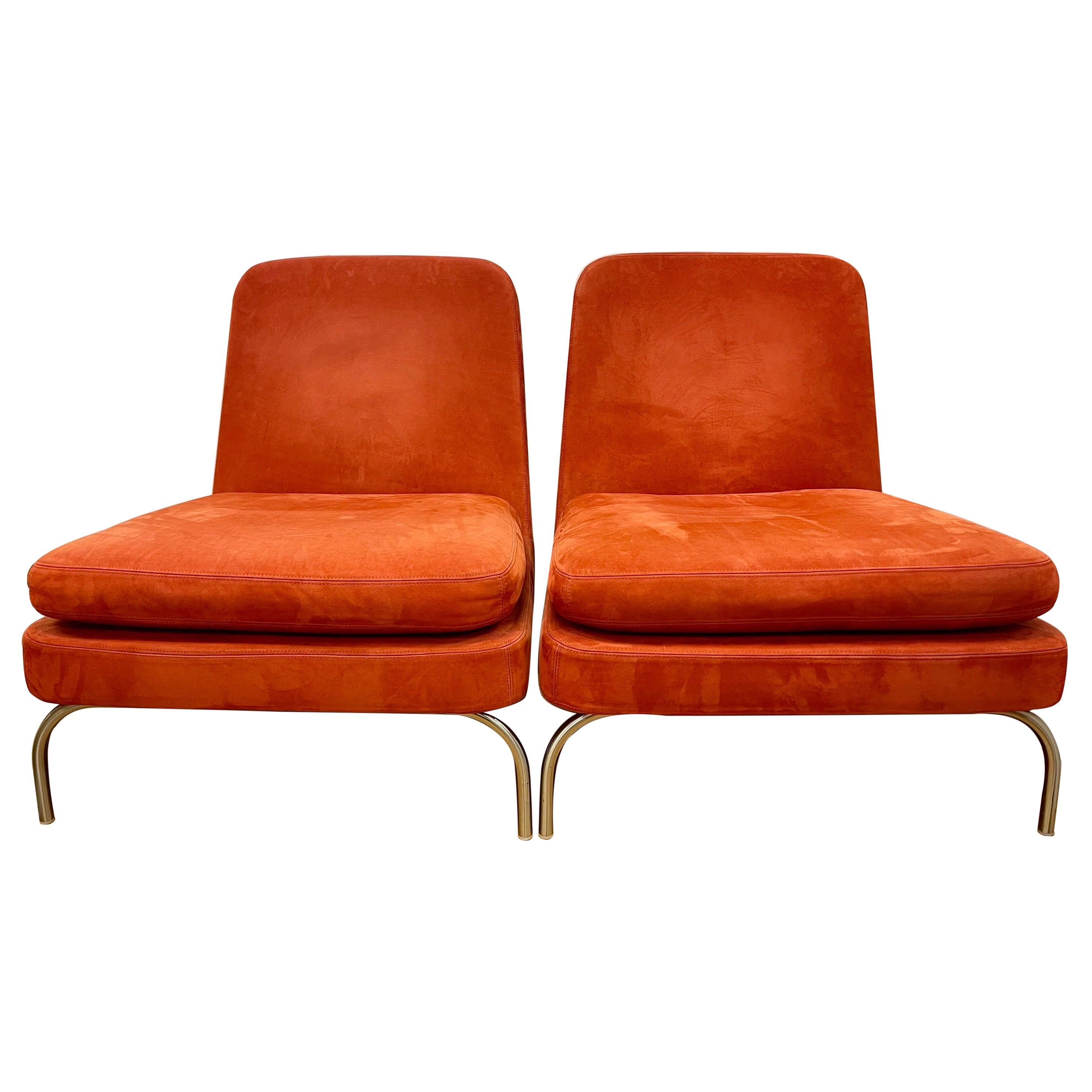 Pair of Signed Minotti Gigi Radice Designed Orange Suede Lounge Chairs Italy