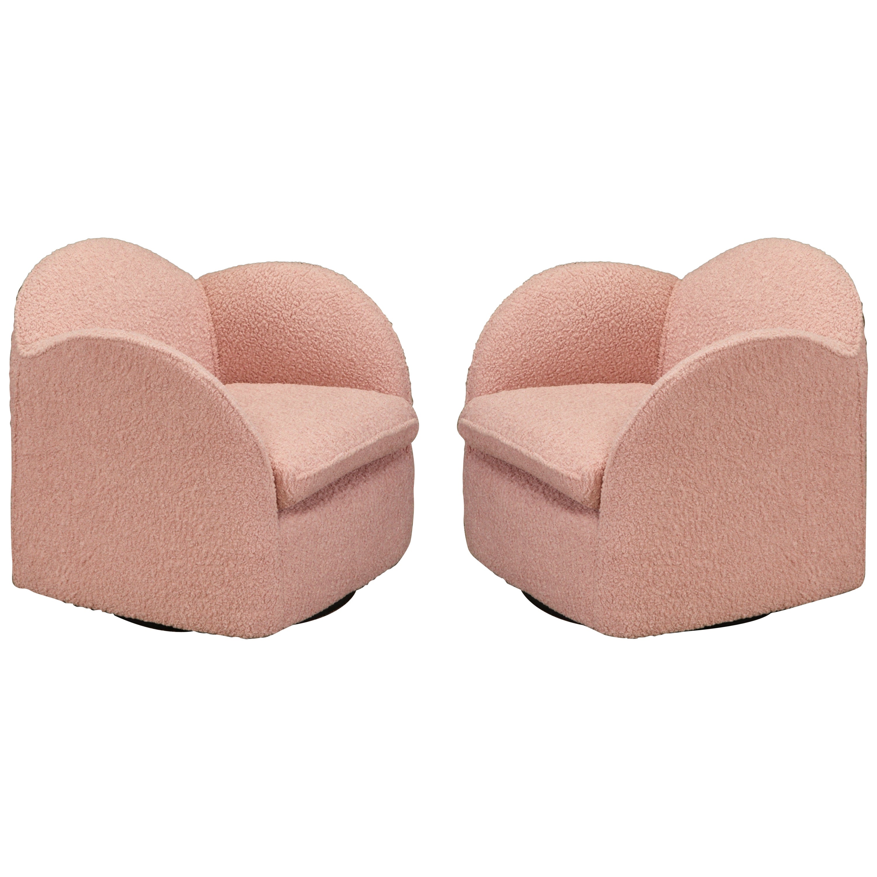Pair of Pink Bouclé Post-Modern Swivel Club Chairs by Directional, 1980s, Signed For Sale
