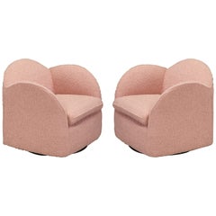 Pair of Pink Bouclé Post-Modern Swivel Club Chairs by Directional, 1980s, Signed