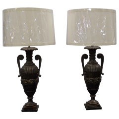 Pair of French Iron Neo-Classical Double Handle Urn Lamps on Marble Bases