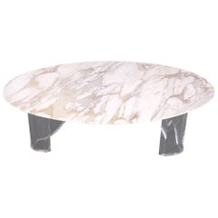 Vintage Mid-Century Modern Oval Carrara Marble Top Organic Lucite Base Coffee Table