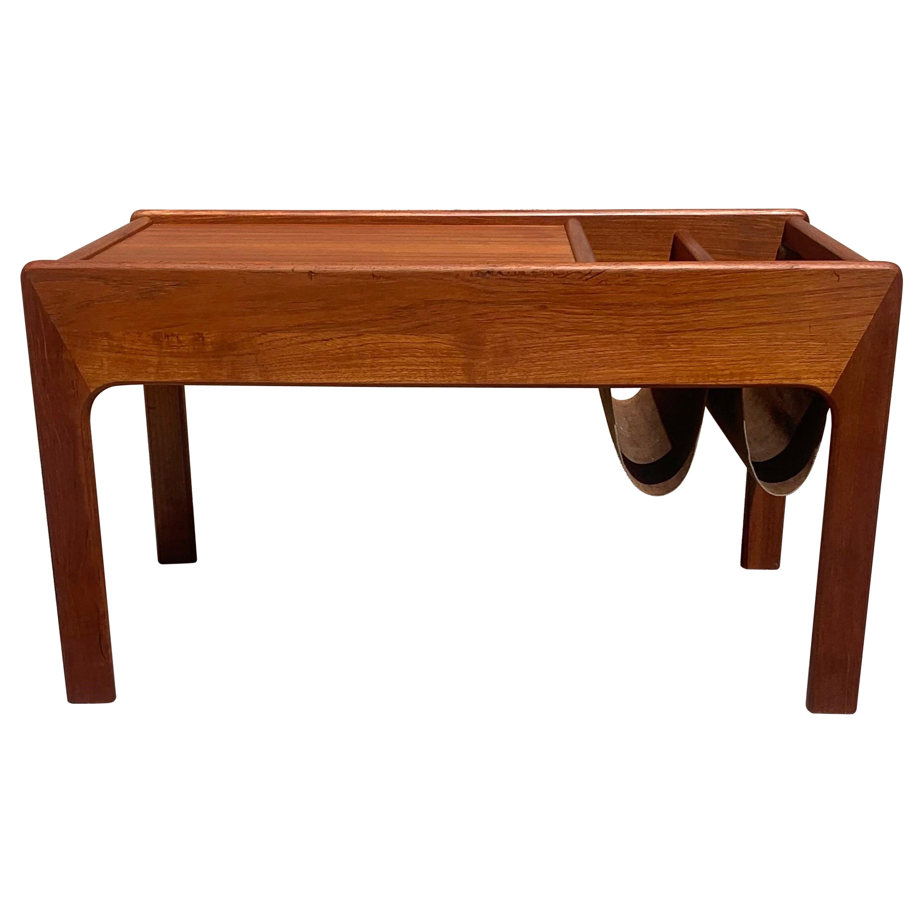Mid Century Danish Teak Coffee Table with Suede Magazine Holder For Sale