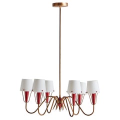 Brass + Red Acrylic Chandelier With Frosted Glass Shades, France 1950s
