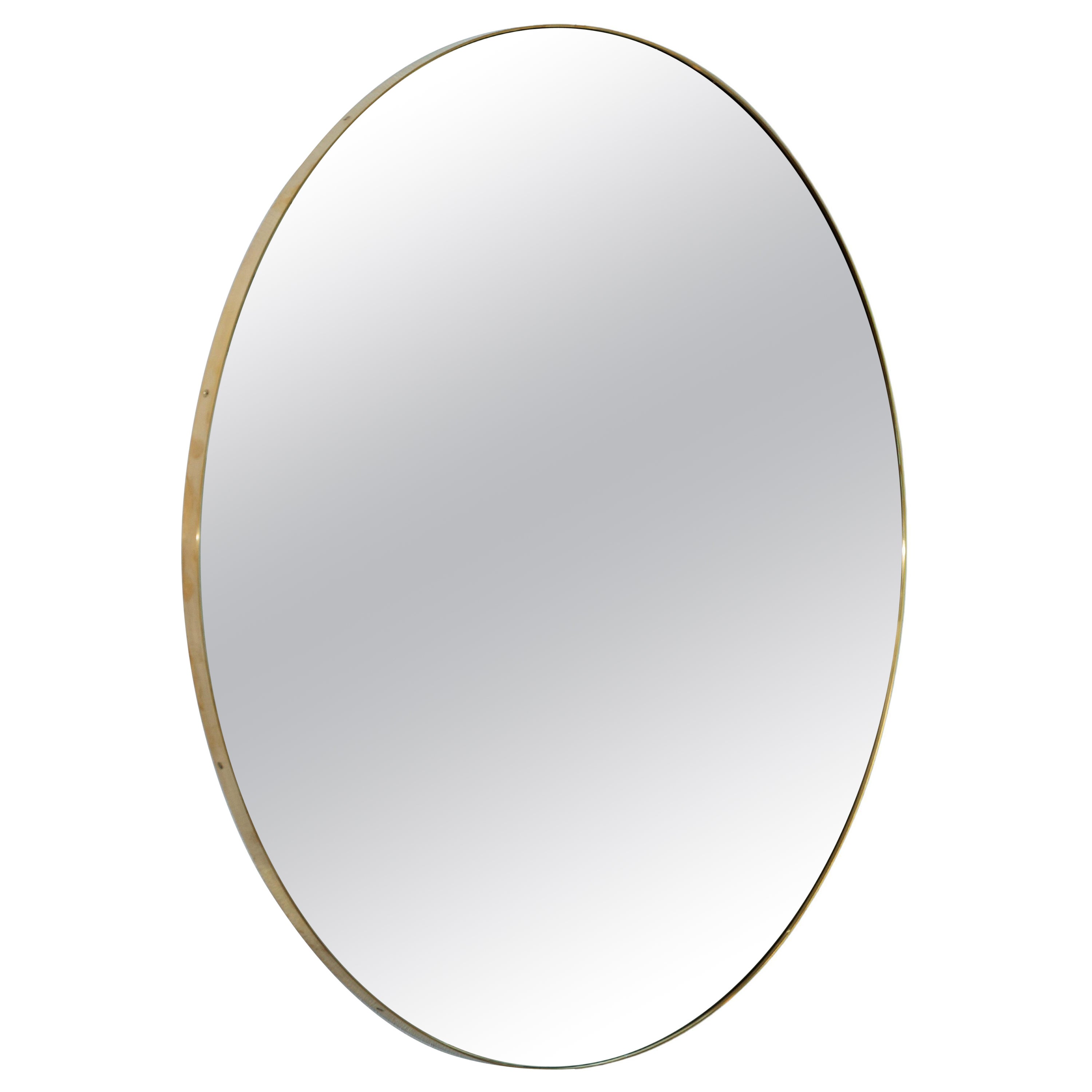 Large Round Mirror with Brass Detail For Sale