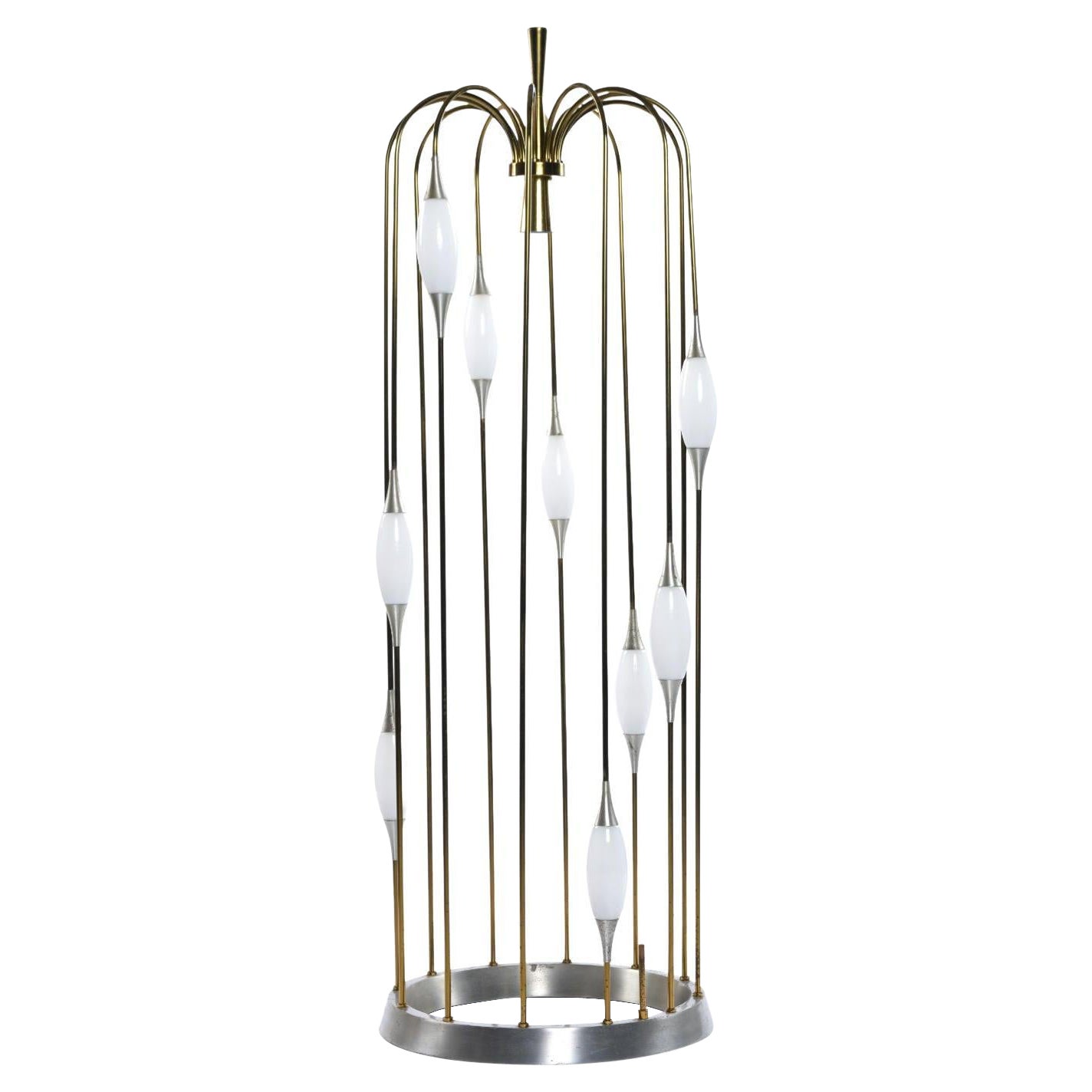 Vintage 1970s Lightolier Brass Waterfall Cage Lamp with White Glass Diffusers