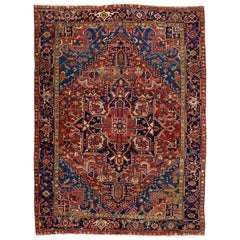 Vintage Heriz Handmade Multicolor Medallion Motif Wool Rug