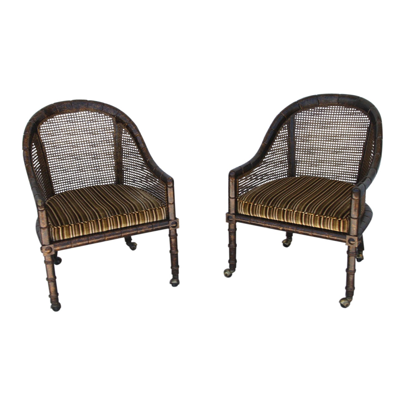 Pair John Widdicomb Cane Faux Bamboo Barrel Chairs For Sale