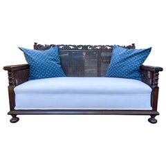 1930s British Colonial Style Blue and White Carved Oak Sofa / Settee Cane Back