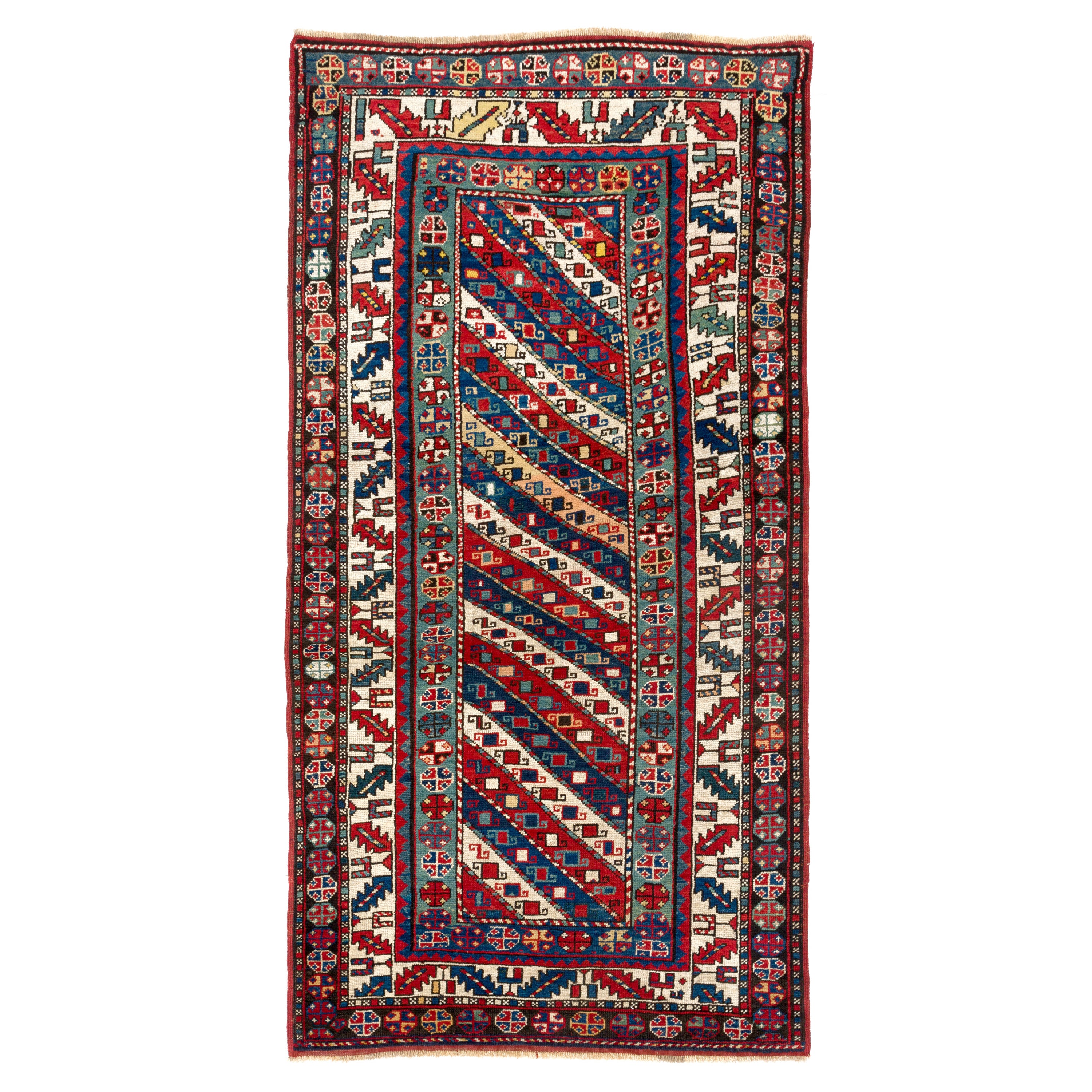 3.6x7 Ft Antique Caucasian Gendje. Collectible Tribal Kazak Rug. Natural Dyes For Sale