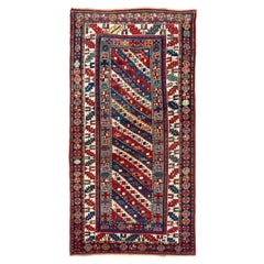 Gendje Caucásico Antiguo de 3,6x7 Pies. Alfombra tribal kazaka de colección. Tintes naturales