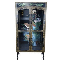 Vintage Mid Century Oriental Chinoiserie Black Lacquor Peacock Curio Display Cabinet