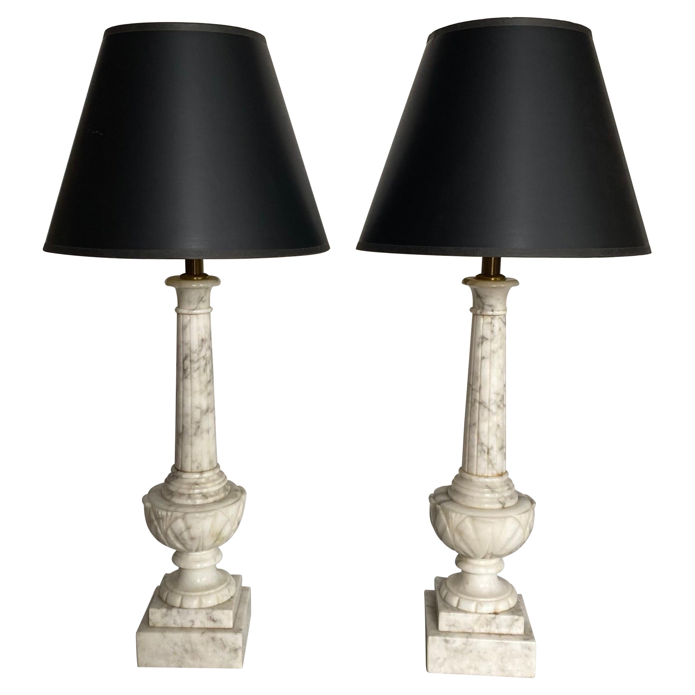 Neoclassical Style White Ceramic and Marble Fluted Column Table Lamps