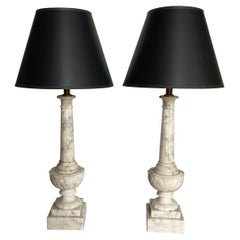 Antique Italian Carved Fluted Column Marble Urn Table Lamps, Pair
