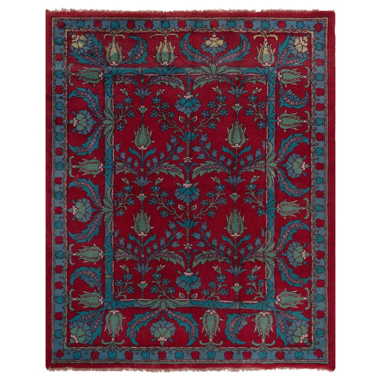 Arts and Crafts Red Blue Handmade Wool Rug For Sale at 1stDibs