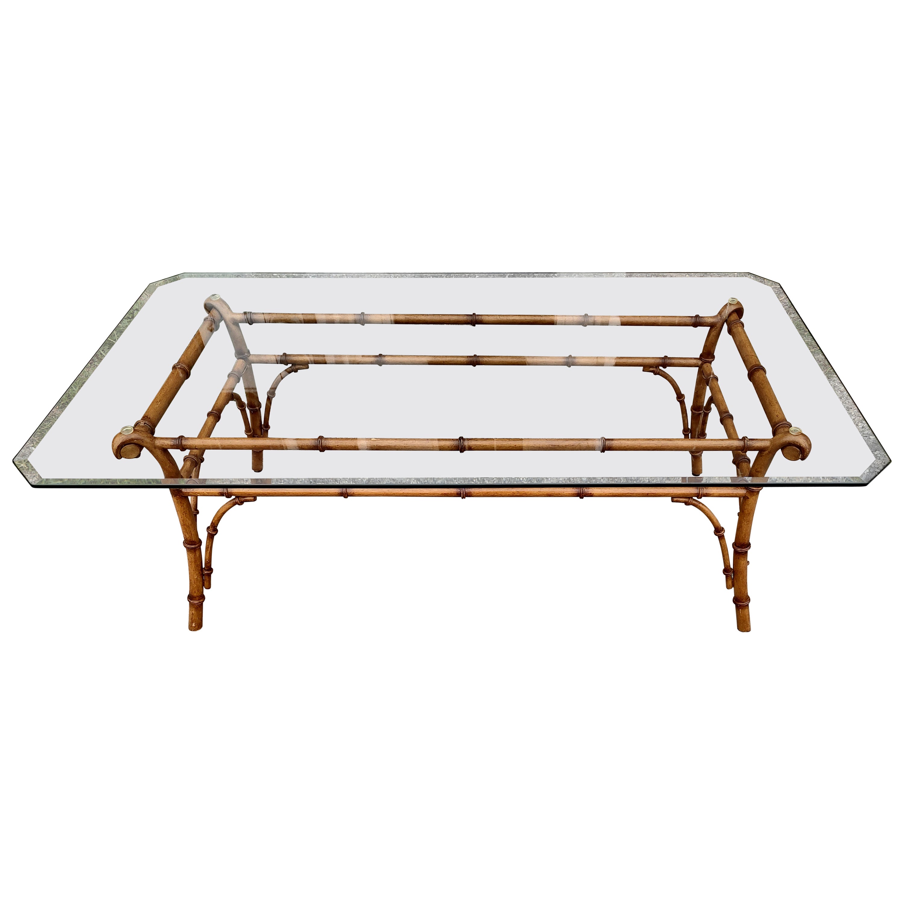 Mid Century Faux Bamboo Cocktail Table with Beveled Glass Top For Sale