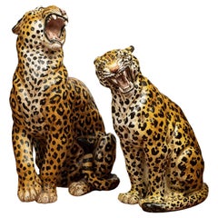 Pair of Italian Glazed Terra Cotta Leopard Statues