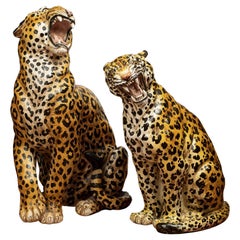 Vintage Pair of Italian Glazed Terra Cotta Leopard Statues