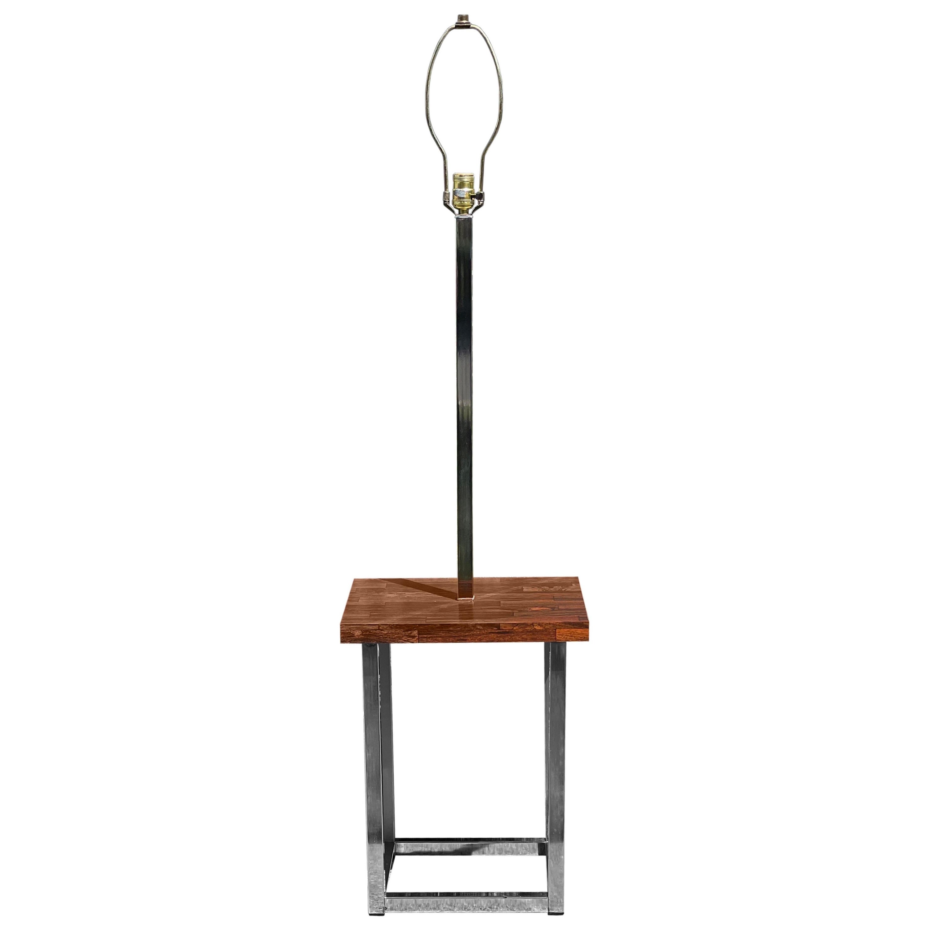 Vintage Modern Rosewood and Chrome Floor Lamp Table For Sale