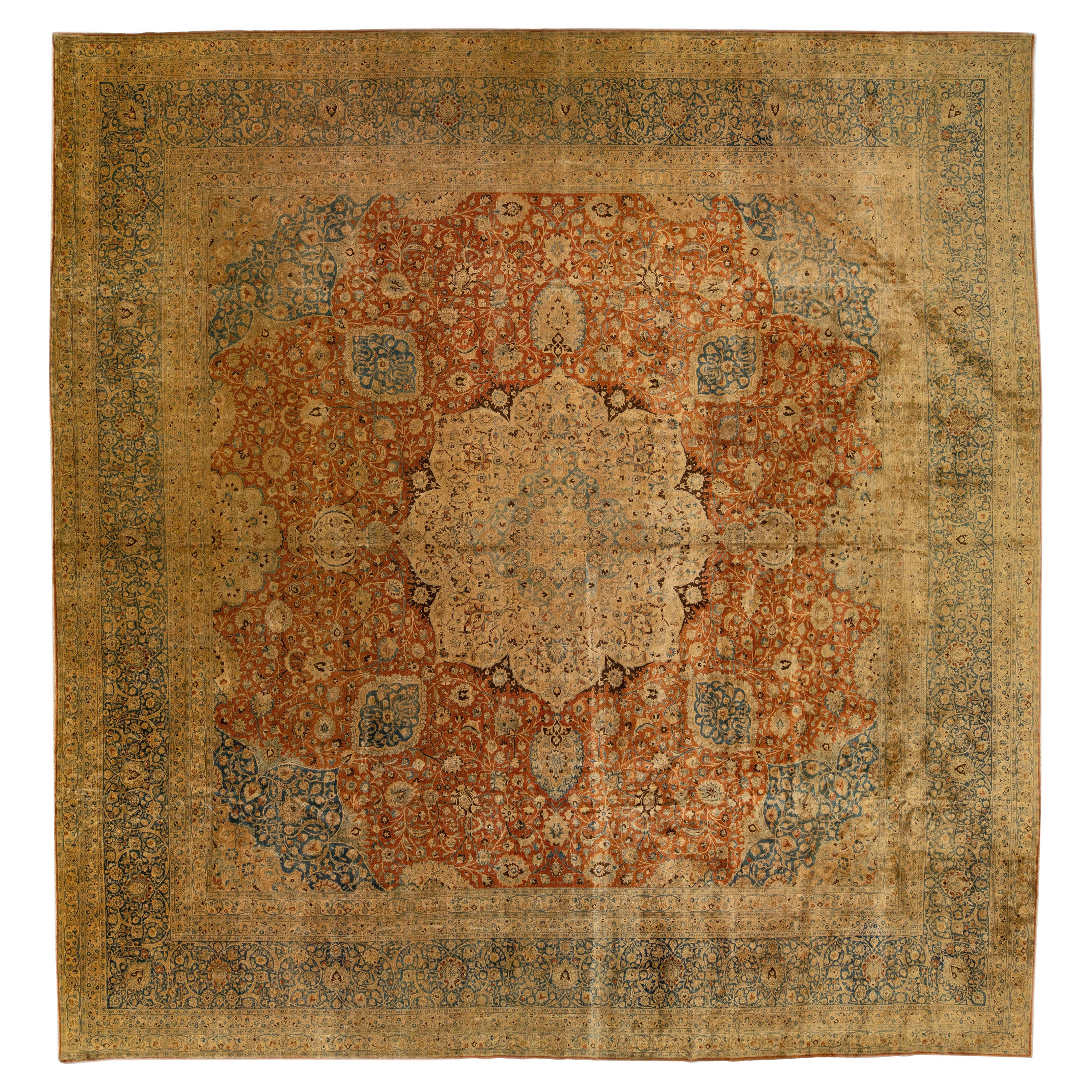 Vintage Mashad Handmade Rust Square Persian Wool Rug with Medallion Design