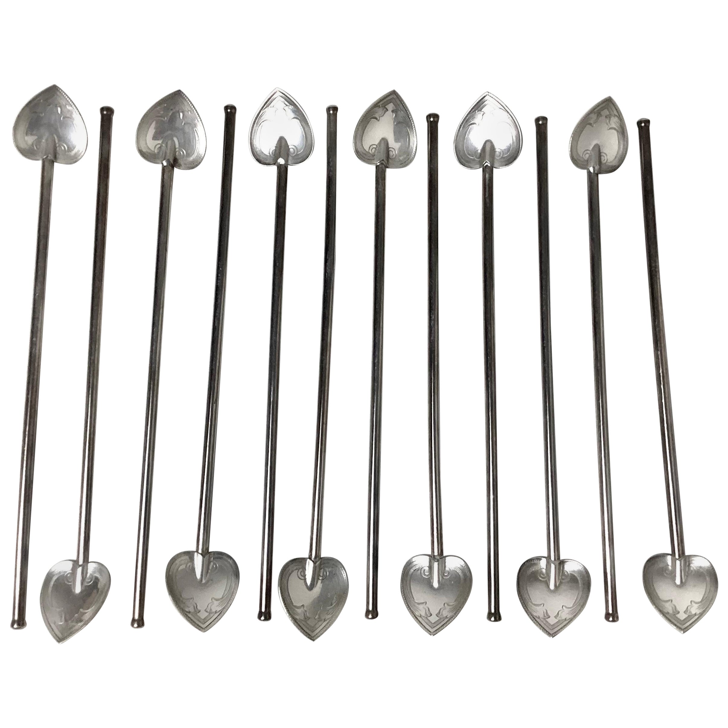 Set of 12 Sterling Silver Mint Julep Iced Tea Straws Spoons with Heart Bowls
