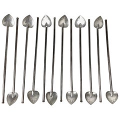 Set of 12 Sterling Silver Mint Julep Iced Tea Straws Spoons with Heart Bowls