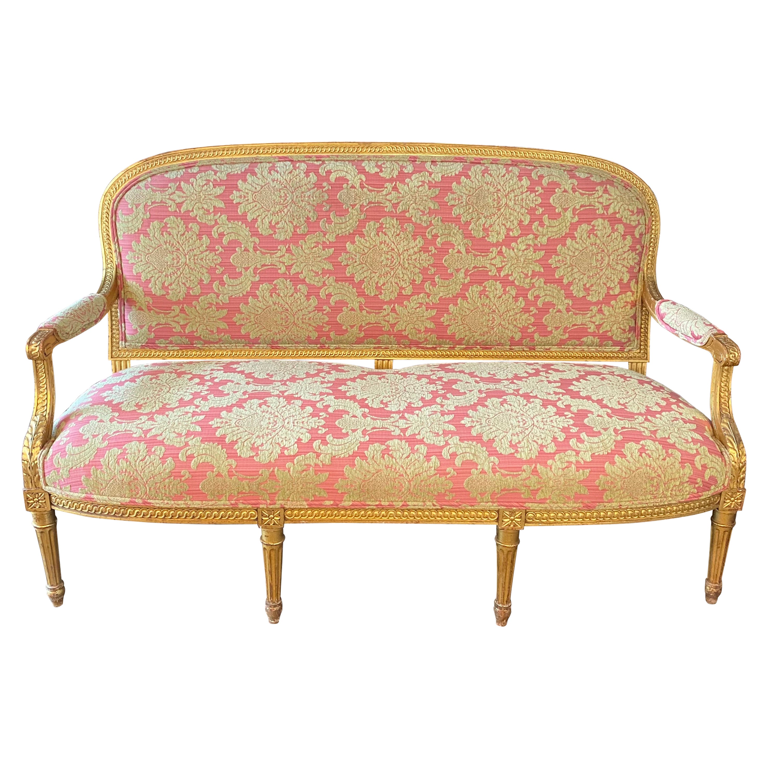 Canapé glamour français de style Louis XVI en bois doré et doré avec tapisserie en damas en vente
