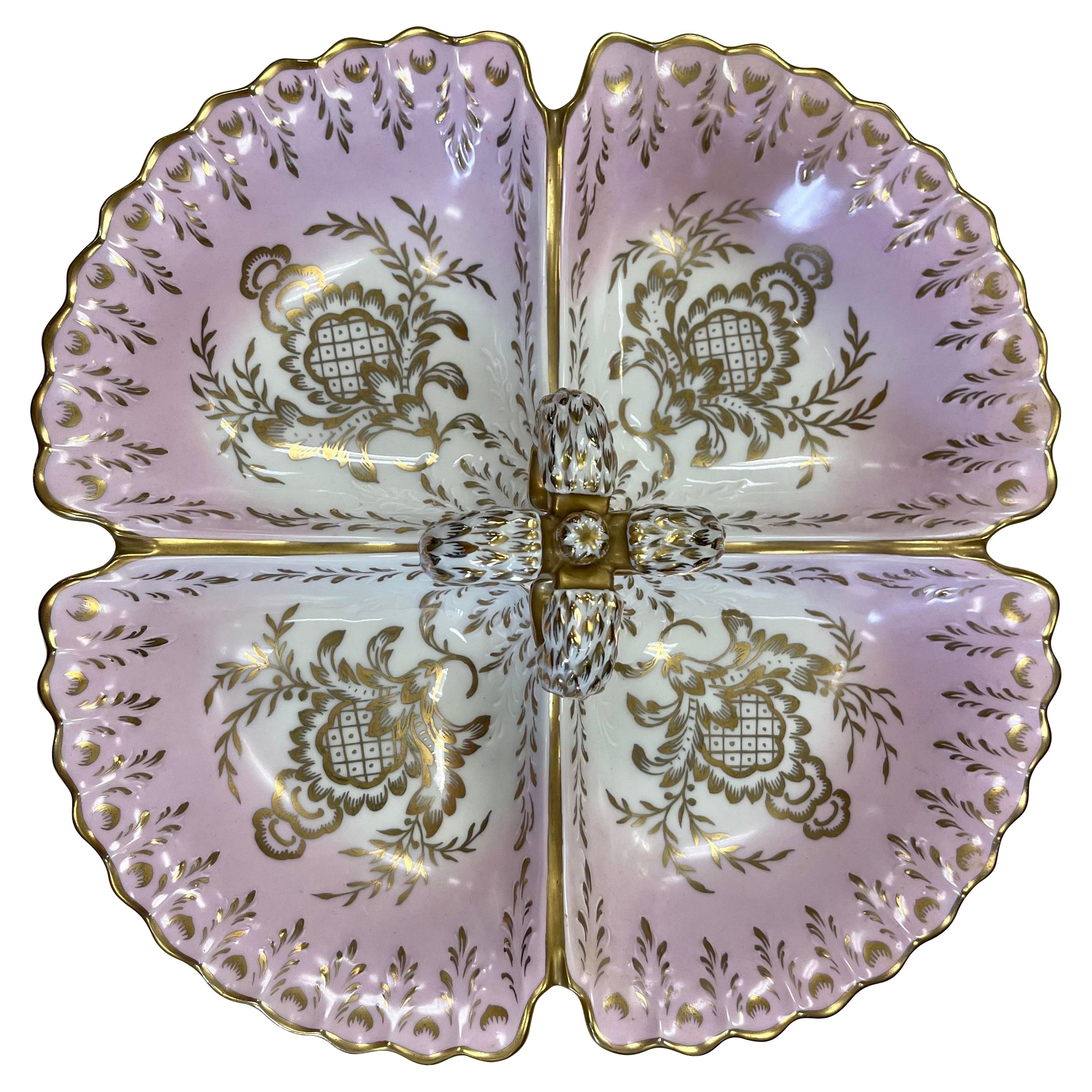 1940's Porcelain Pink and Gold Porcelain Divided Server Dish Platter For Sale