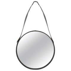 Miroir circulaire français en faux cuir et laiton, vers 1970