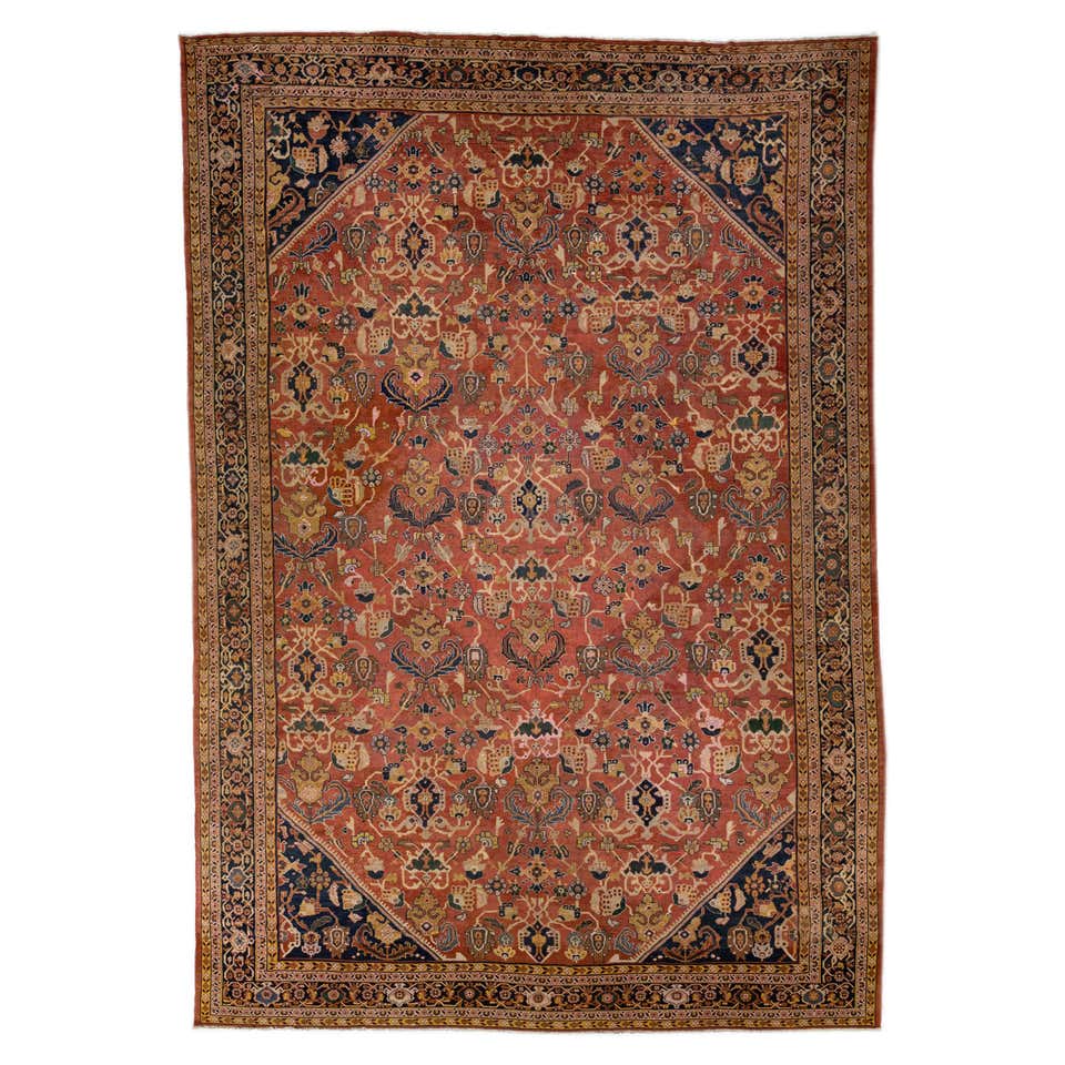 Rust Handmade Antique Persian Mahal Square Wool Rug with Allover Motif ...