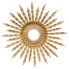 Mid-Century French Giltwood Convex Sunburst Starburst Mirror