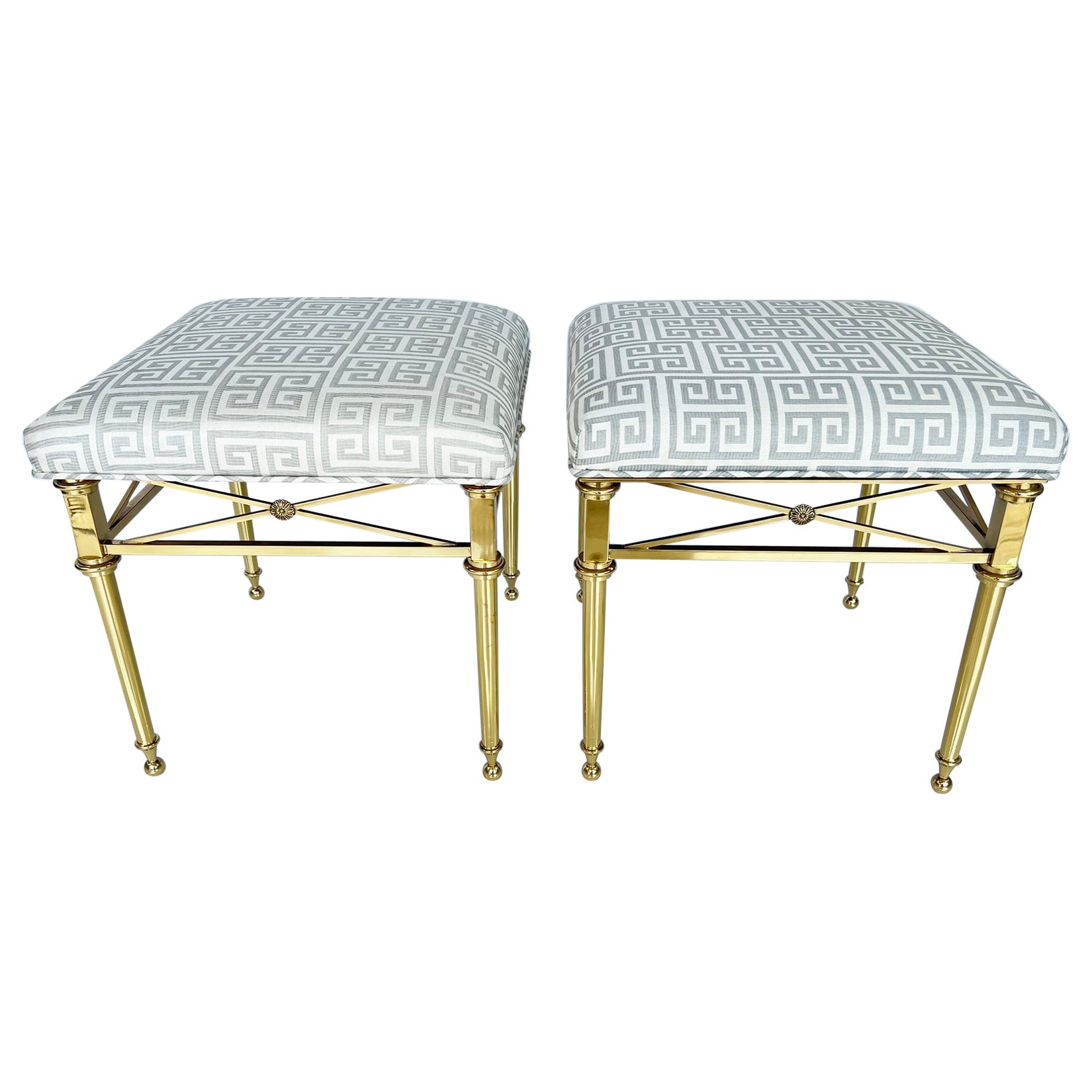 Pair of Mastercraft Style Polished Brass Stools For Sale