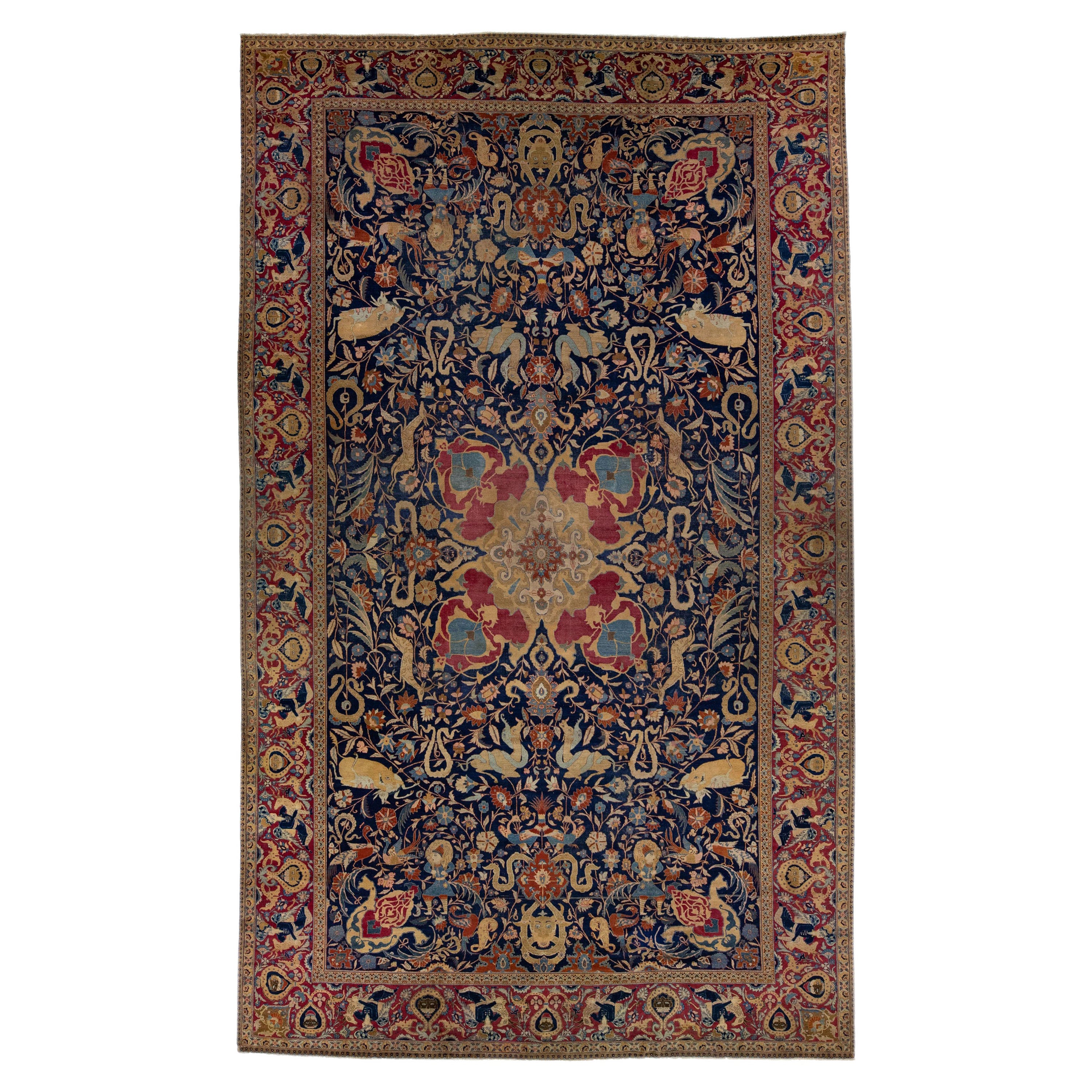 19th Century, Blue Antique Persian Tabriz Handmade Allover Wool Rug