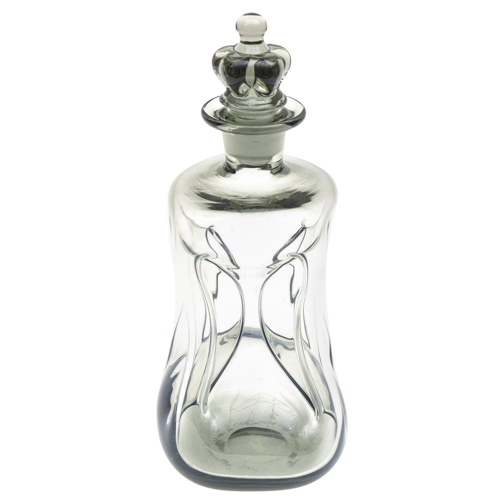 Smokey Gray Holmegaard Glass Cinched Decanter Bottle Rare Crown Stopper Vintage en vente