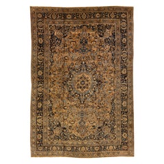 Antique Persian Mashad Tan Handmade Rosette Motif Wool Rug
