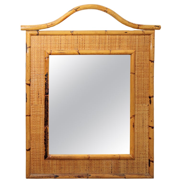 Bamboo and Woven Wicker Surround Mirror with Arch Detail For Sale at