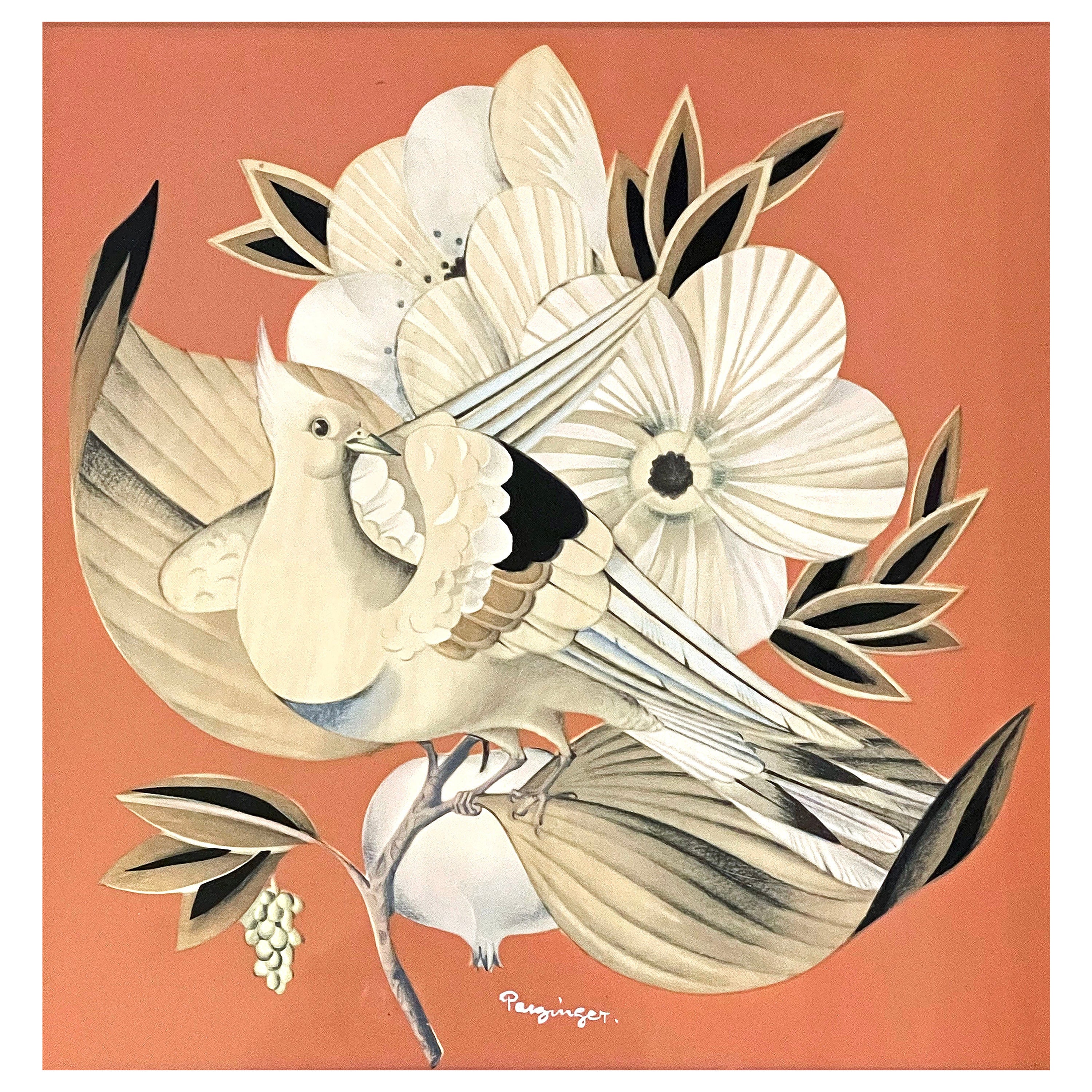 Seltenes Bleistift- und Gouache-Gemälde "Crested Bird with Pomegranate" von Parzinger im Angebot