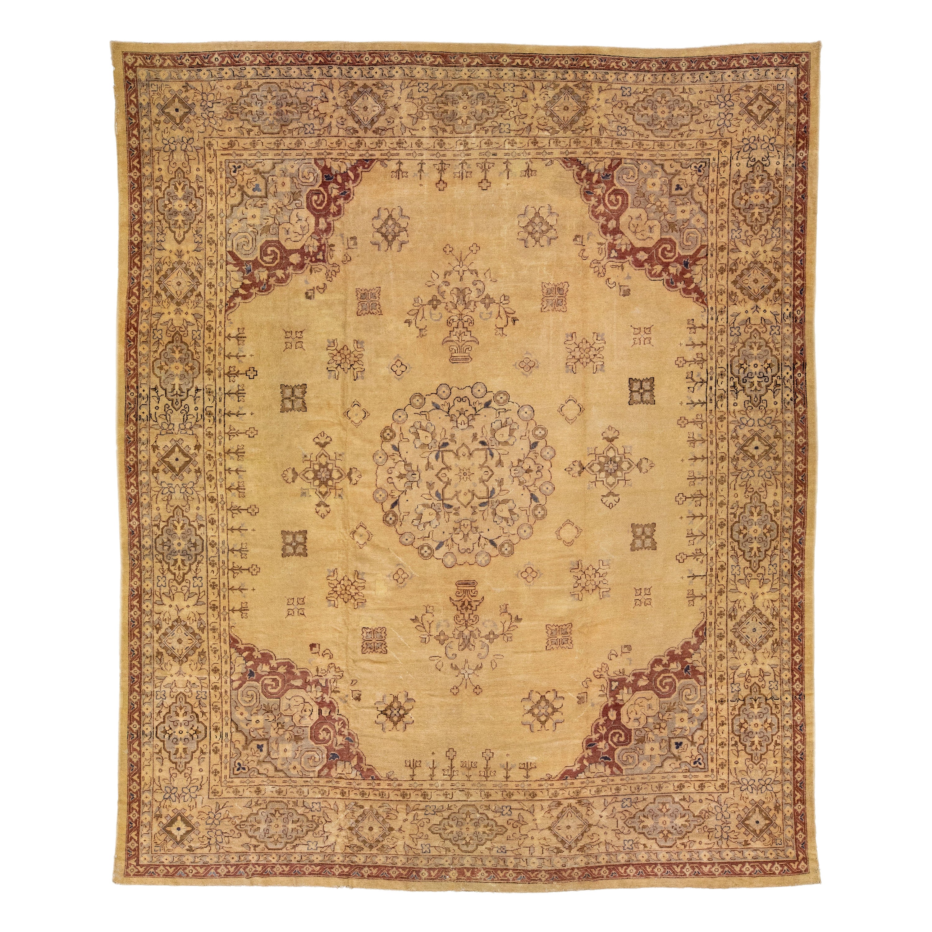 Beige Vintage Turkish Oushak Handmade Wool Rug With Rosette Motif For Sale