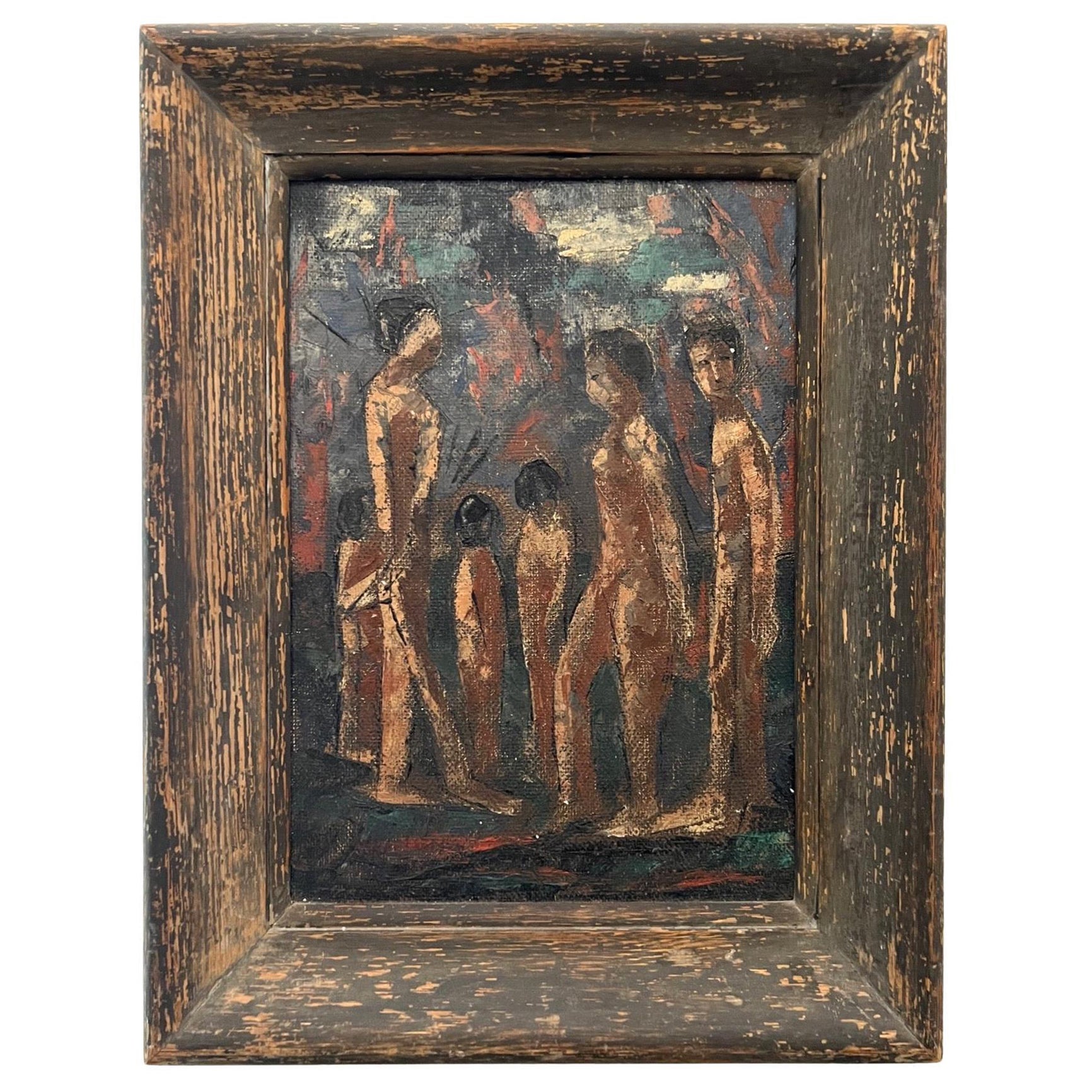 Mid-Century Modern Figural Painting of Indigenous People, Oil on Board, c. 1940 For Sale