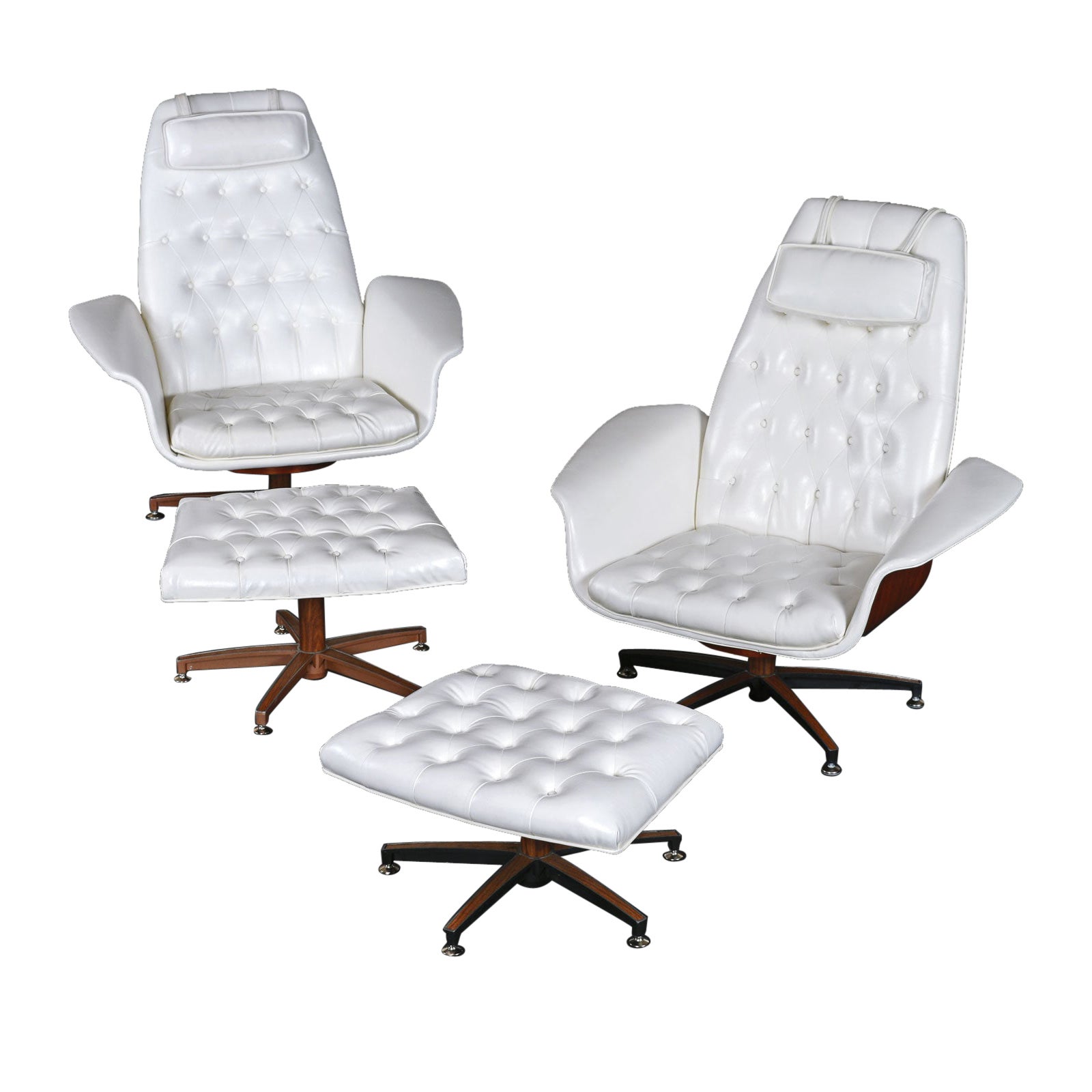 Restored Pair of Bent Ply Faux White Tufted Leather George Mulhauser Mr. Chairs For Sale