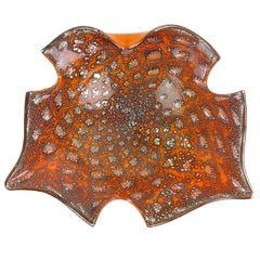 Murano Orange Silver Flecks Controlled Bubbles Italian Art Glass Abstract Bowl
