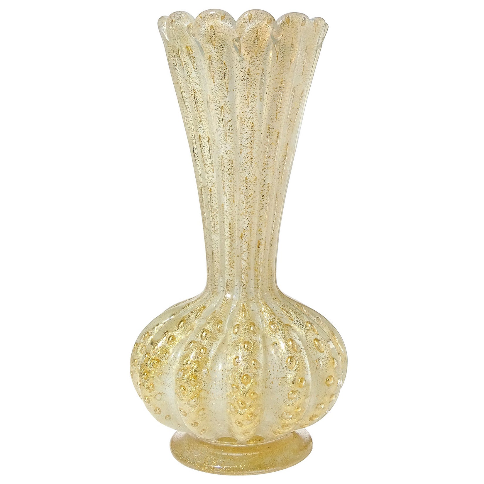 Barovier Toso Murano White Opalescent Gold Flecks Italian Art Glass Flower Vase For Sale