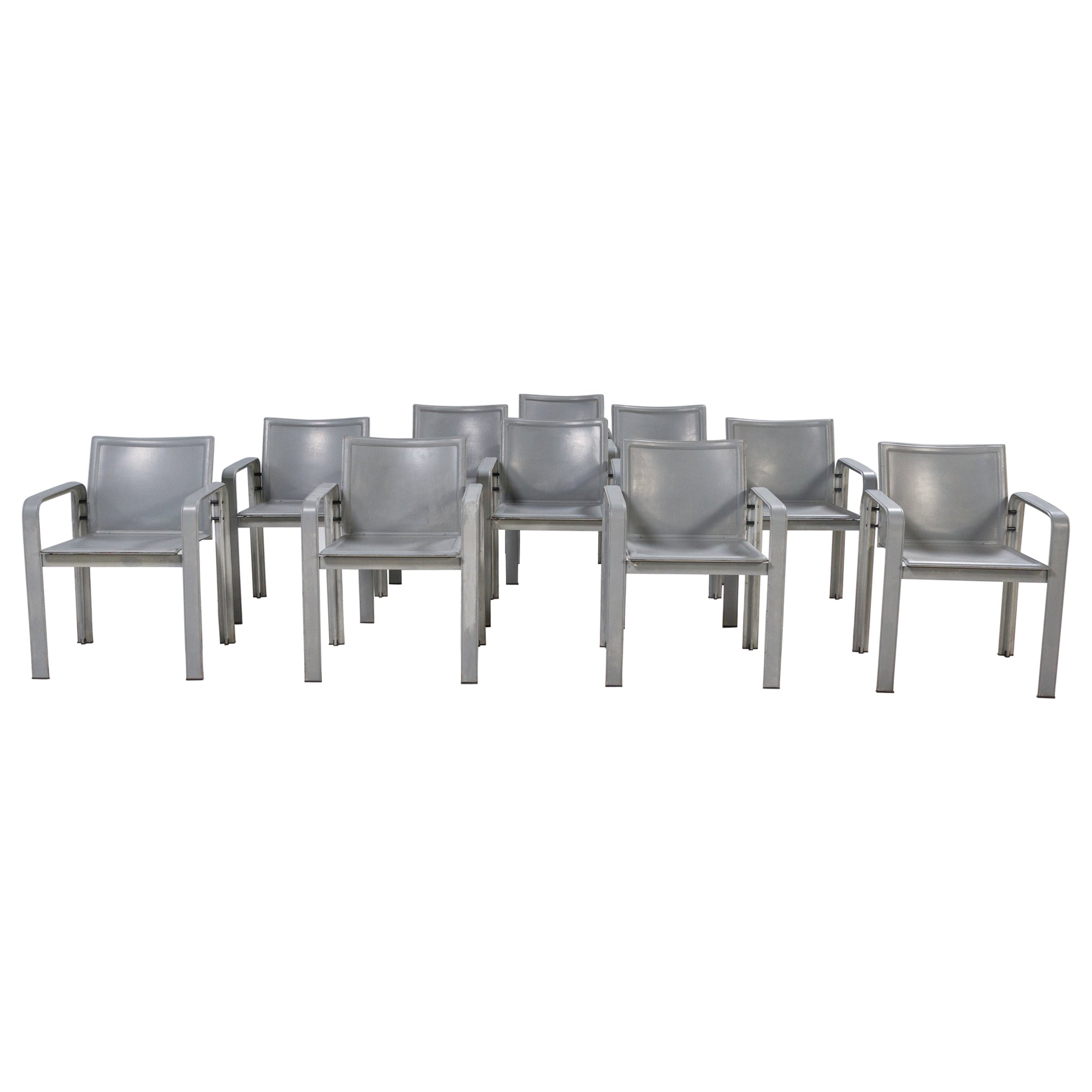 Matteo Grassi Golfo Dei Poeti Grey Leather Dining Chairs, Set of 10 For Sale