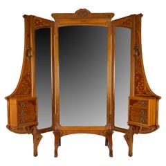 Art Nouveau Vanity Folding Mirror Screen with Marquetry, 1901
