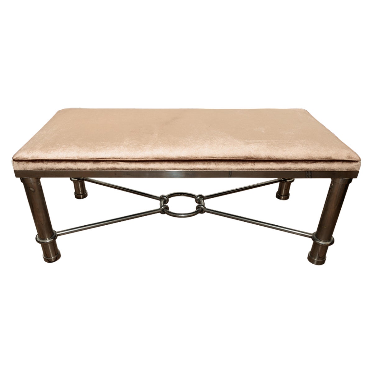 Rectangular Nickel Bench with Stylized Base and Upholstered Seat For Sale