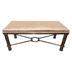 Rectangular Nickel Bench with Stylized Base and Upholstered Seat