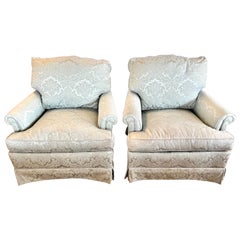 Pair of Matching Silk Damask Upholstered Club Chairs in Seafoam Blue Color